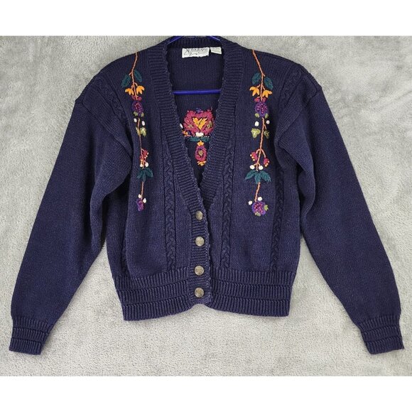 Autograph Sweaters - Autograph American Clothing Sweater Womens Medium Blue Floral Button Up Cradigan